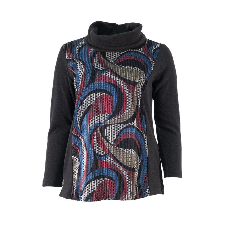Maglia Donna Collo Alto Morbido - Fantasia Swirl Blu Rosso - Effetto Snellente - Taglie Comode