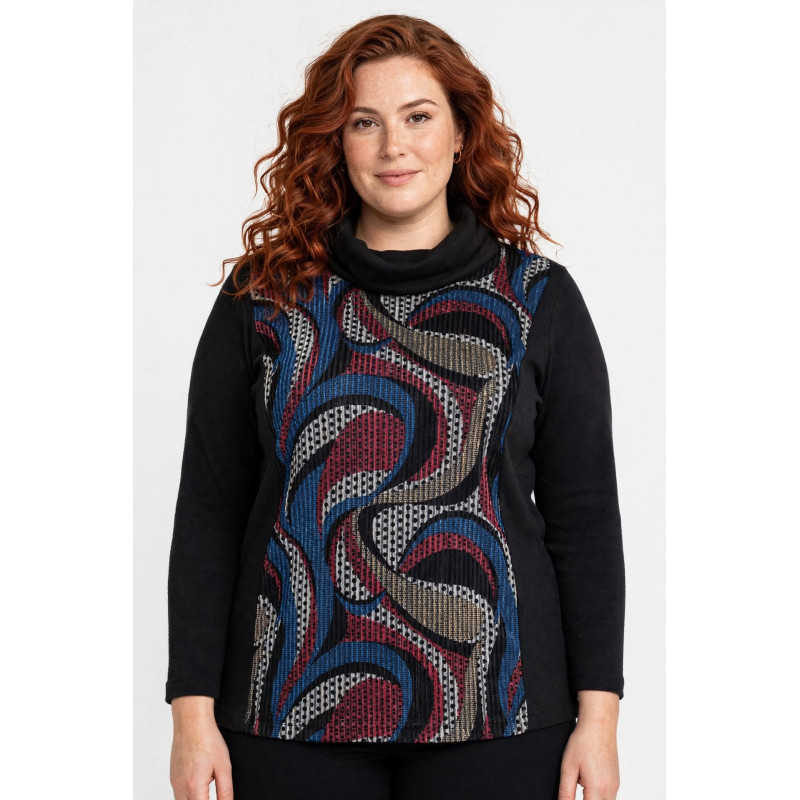 Maglia Donna Collo Alto Morbido - Fantasia Swirl Blu Rosso - Effetto Snellente - Taglie Comode