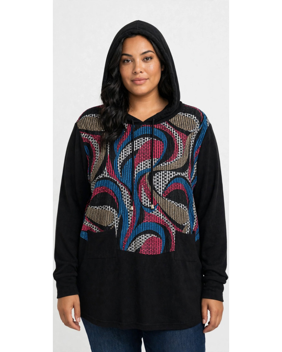 Felpa Donna Curvy con Cappuccio Fantasy Colorata - Maxi Felpa Oversize con Tasche