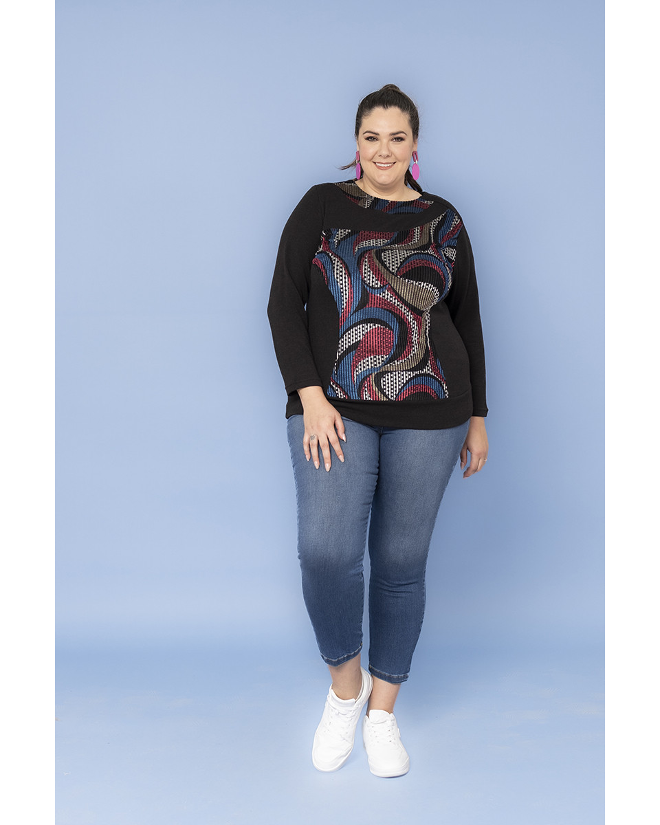 Maglia Curvy Nera con Inserto Fantasy Vedo-Non-Vedo Colorato - Taglia Comoda