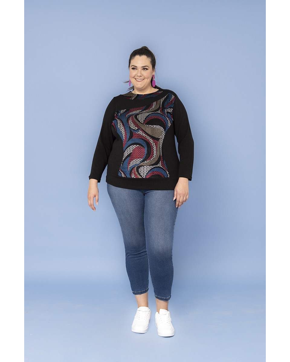Maglia Curvy Nera con Inserto Fantasy Vedo-Non-Vedo Colorato - Taglia Comoda