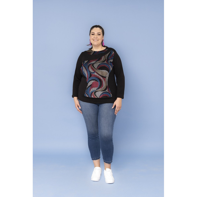 Maglia Curvy Nera con Inserto Fantasy Vedo-Non-Vedo Colorato - Taglia Comoda
